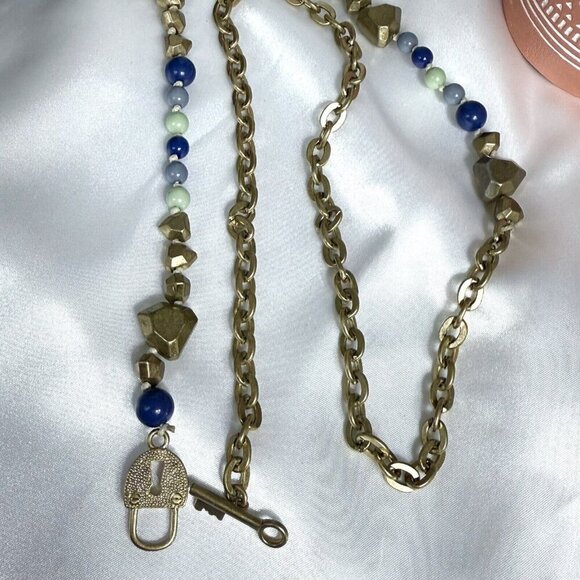 Vintage Brass Tone Acrylic Beaded Lock and Key Clasp - Picture 2 of 7